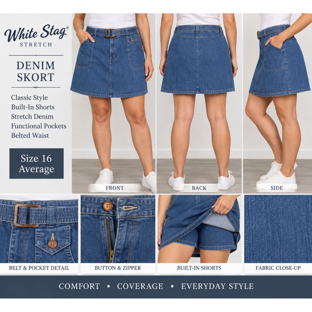 Women White Stag Denim 16 Skirt Skort Blue Stretch Belted Pockets Medium Stone
